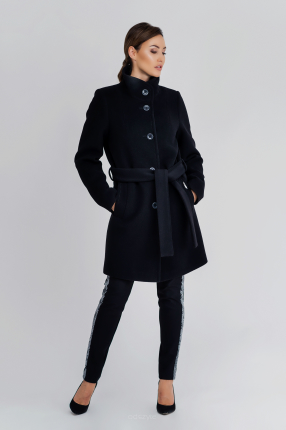 Czarny płaszcz z wełny dziewiczej wiązany w pasie Sonia