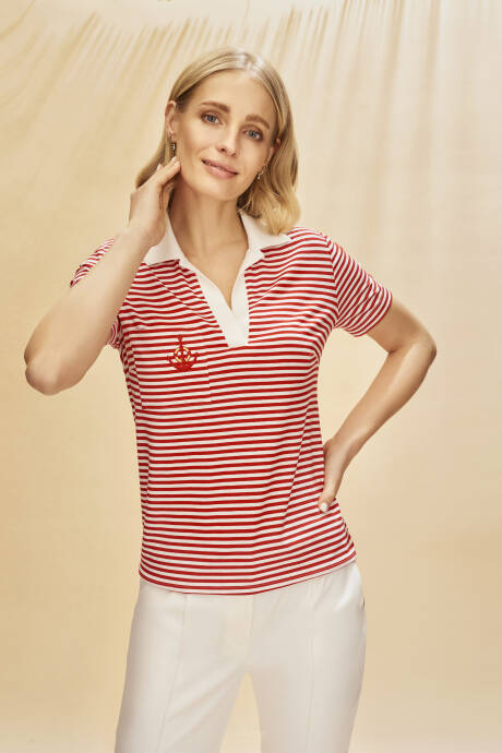 Biało - czerwona bluzka polo w paski, w stylu marynarskim