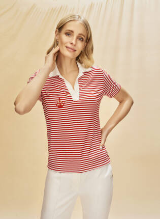 Biało - czerwona bluzka polo w paski, w stylu marynarskim