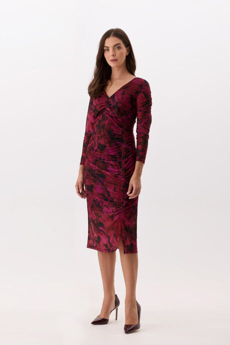 Bordowo-czarna sukienka midi z marszczeniem i dekoltem V