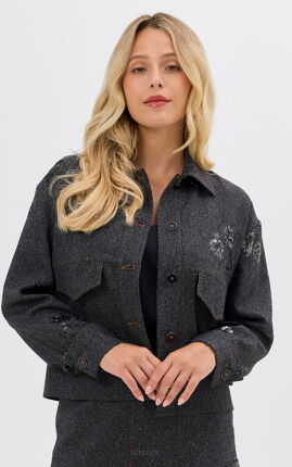 Ciemnoszary żakiet damski z kieszeniami i haftem