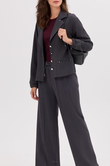 Grafitowe spodnie z szeroką nogawką i wiązaniem w pasie