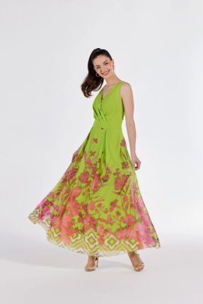 Limonkowa sukienka z motywem roślinnym