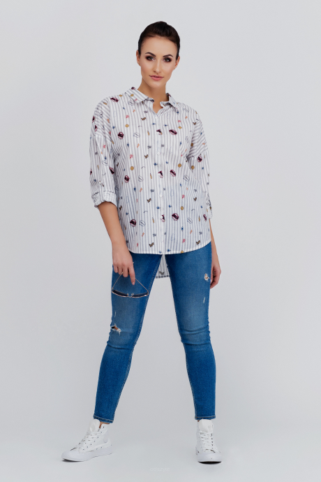 Bluzka koszulowa w paski z printami wiązana z tyłu