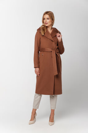 Długi, wełniany płaszcz z kapturem w kolorze brązowym Aga